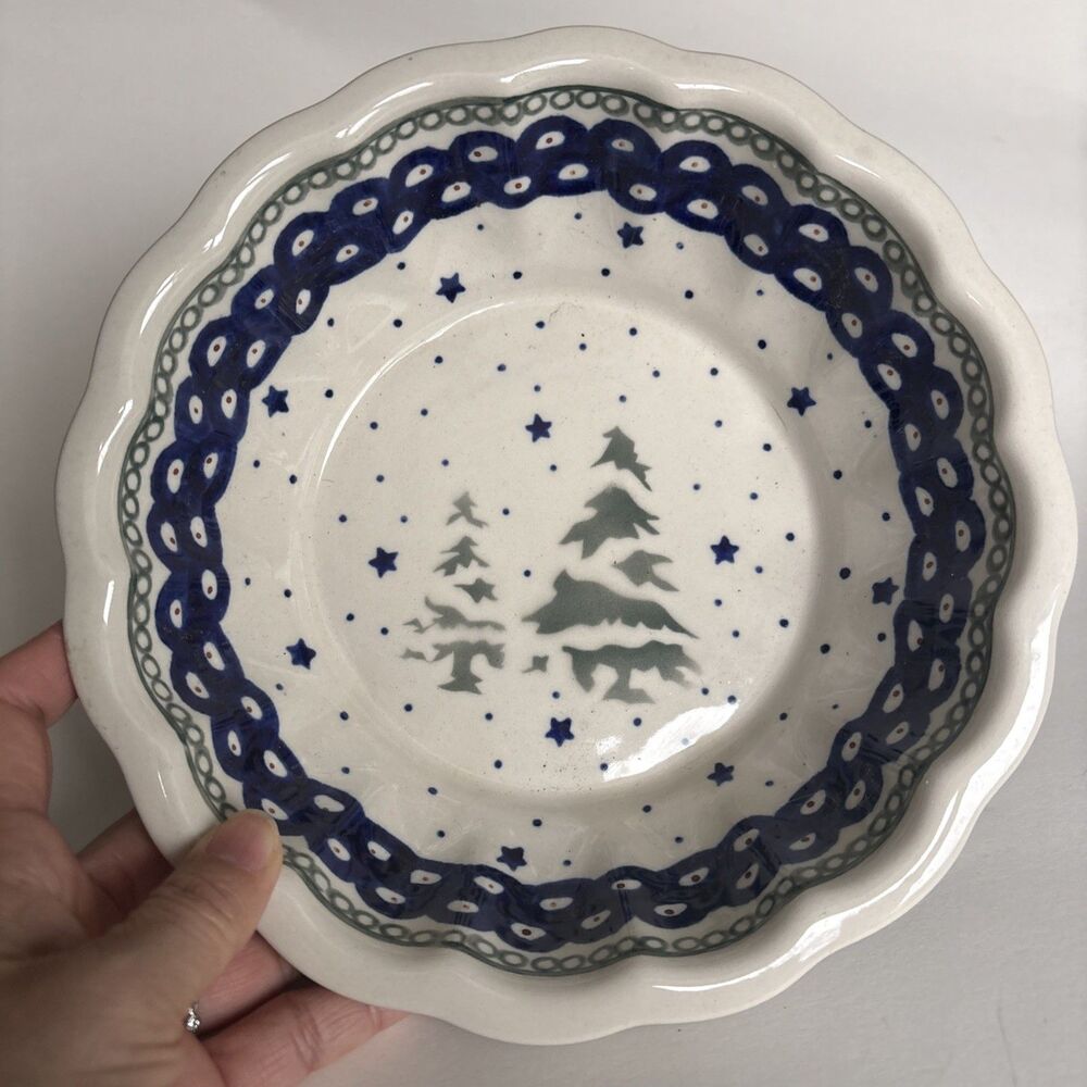NWT Polish Pottery Boleslawiec Pine Tree Serving Scalloped Dish 8” Bowl
